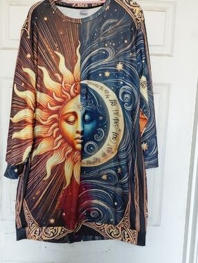 Sun & Moon Graphic Tunic Dress in Blue and Gold